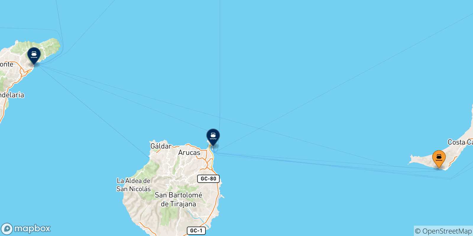 Carte des traversées possibles entre Morro Jable (Fuerteventura) et les Îles Canaries