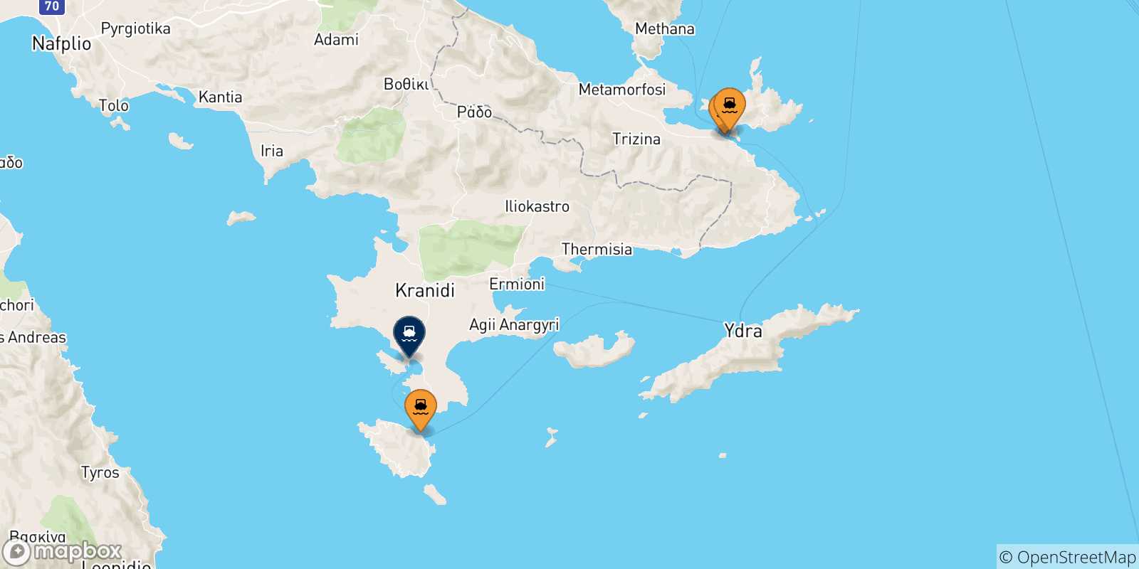 Carte des traversées possibles entre les Îles Saroniques et Pórto Chéli