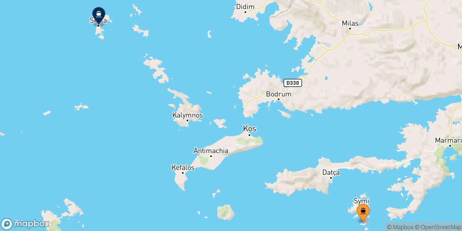Carte des traverséesPanormitis (Symi) Patmos