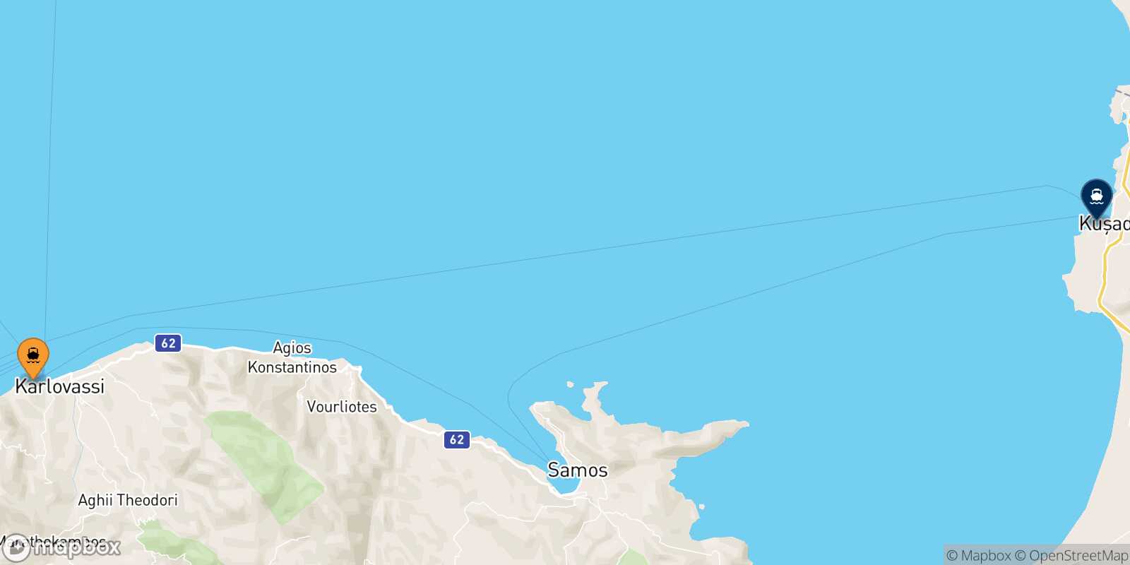 Carte des traverséesPythagorio (Samos) Kusadasi