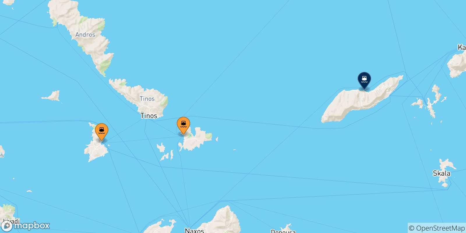 Carte des traversées possibles entre Îles Des Cyclades et Agios Kirikos (Ikaria)