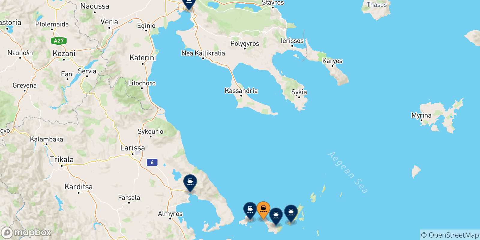 Carte des traversées possibles entre Agnontas (Skopelos) et la Grèce