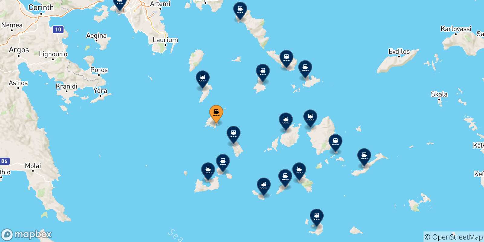 Carte des traversées possibles entre Sérifos et la Grèce