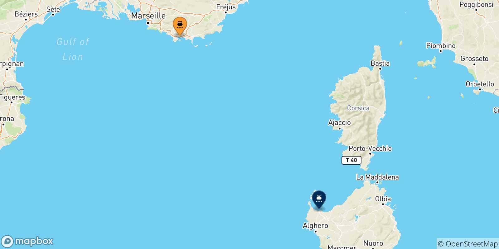 Carte des traversées possibles entre Toulon et la Sardaigne