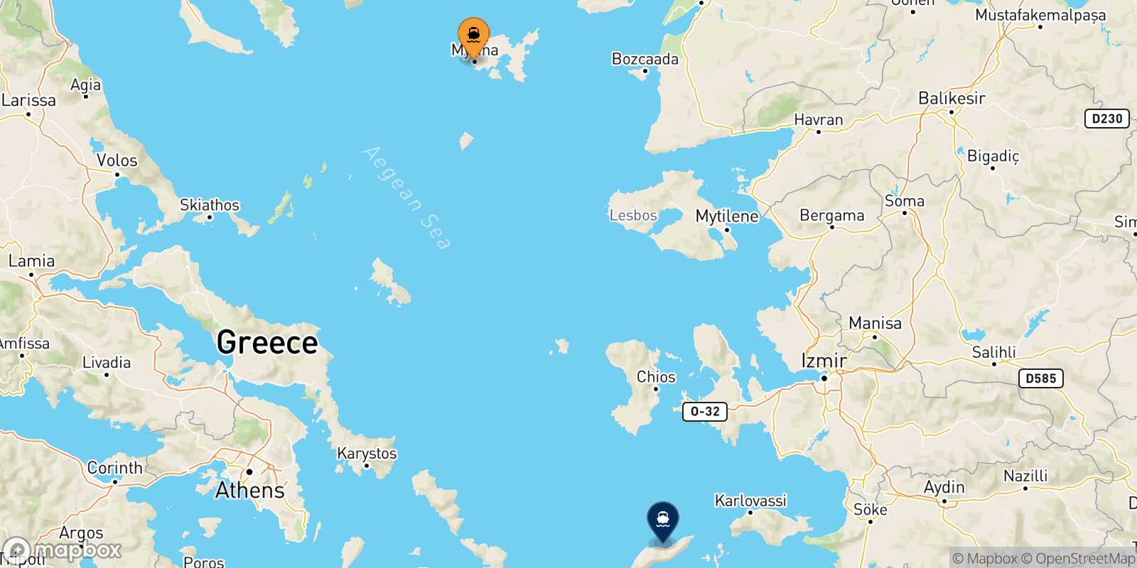 Carte des traverséesMyrina (Limnos) Agios Kirikos (Ikaria)