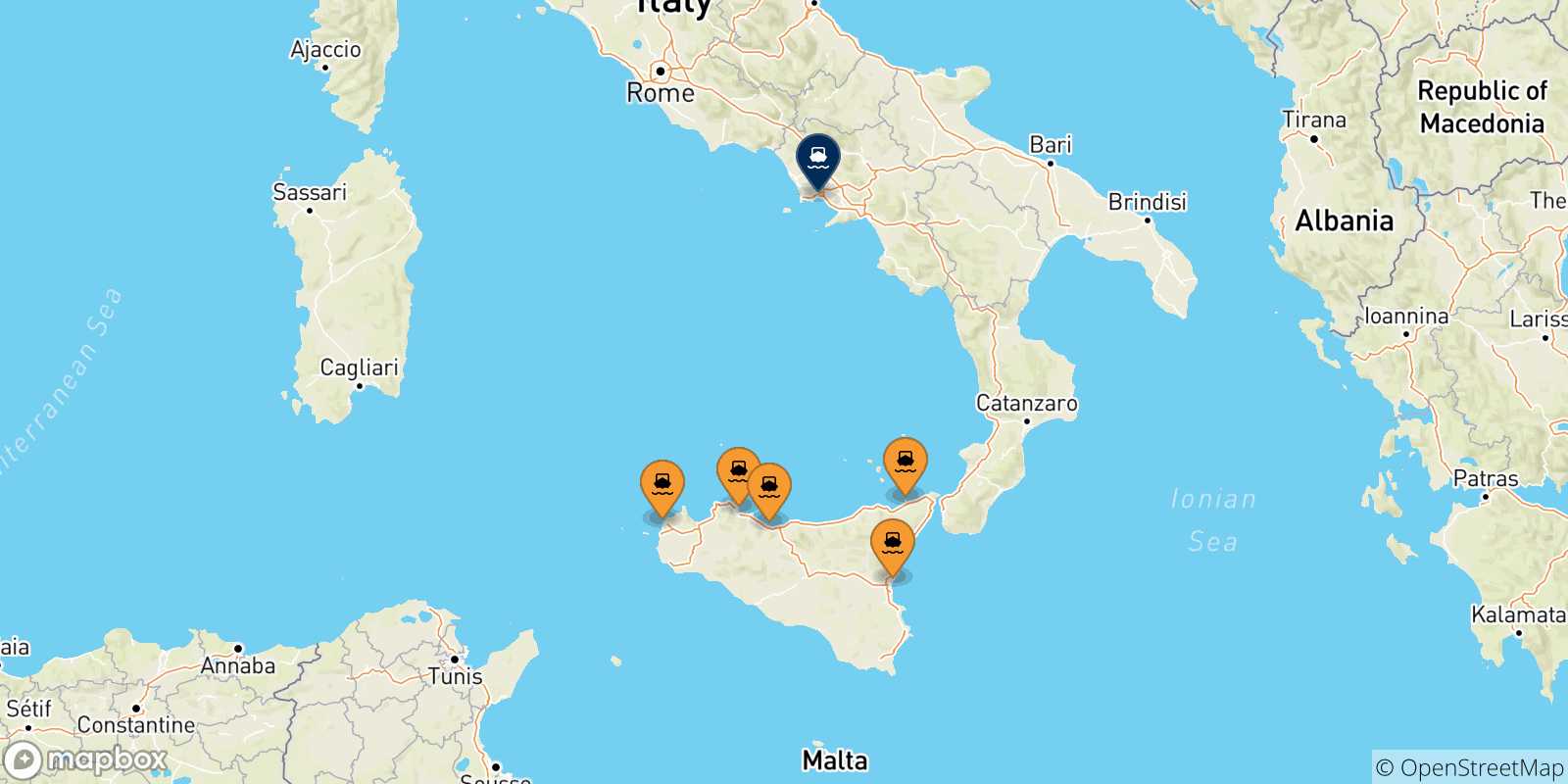 Carte des traversées possibles entre la Sicile et Naples
