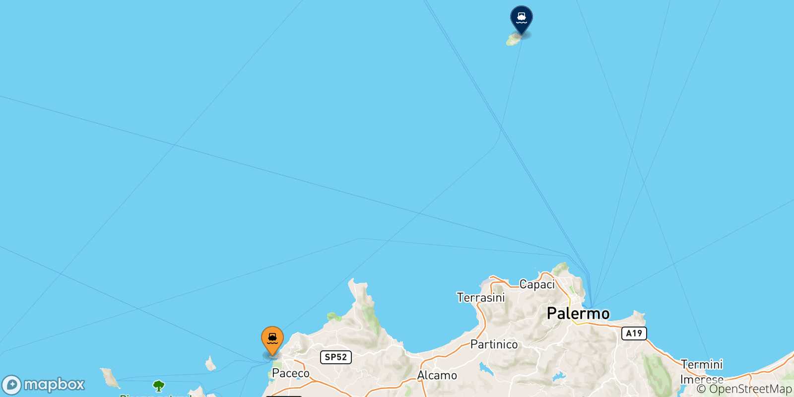 Carte des traversées possibles entre Trapani et l'Île D'ustica