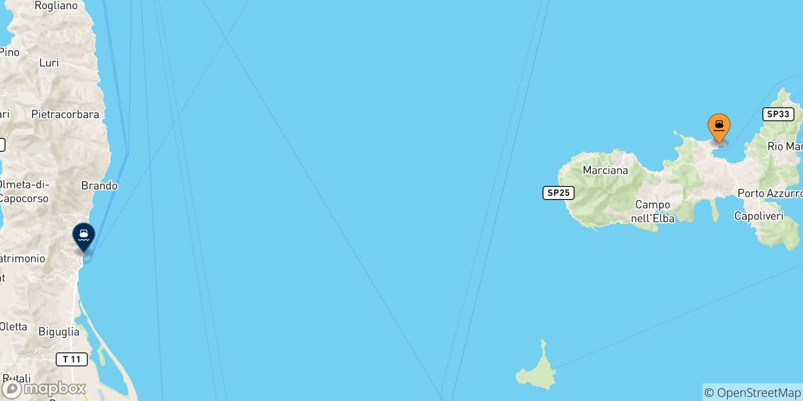 Carte des traversées possibles entre l'Île D'elbe et la Corse