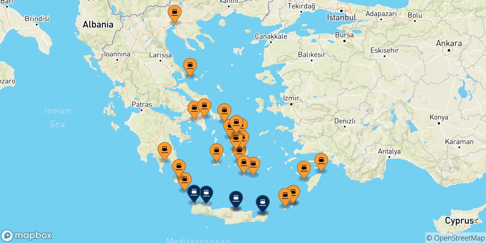 Carte des traversées possibles entre la Grèce et la Crète