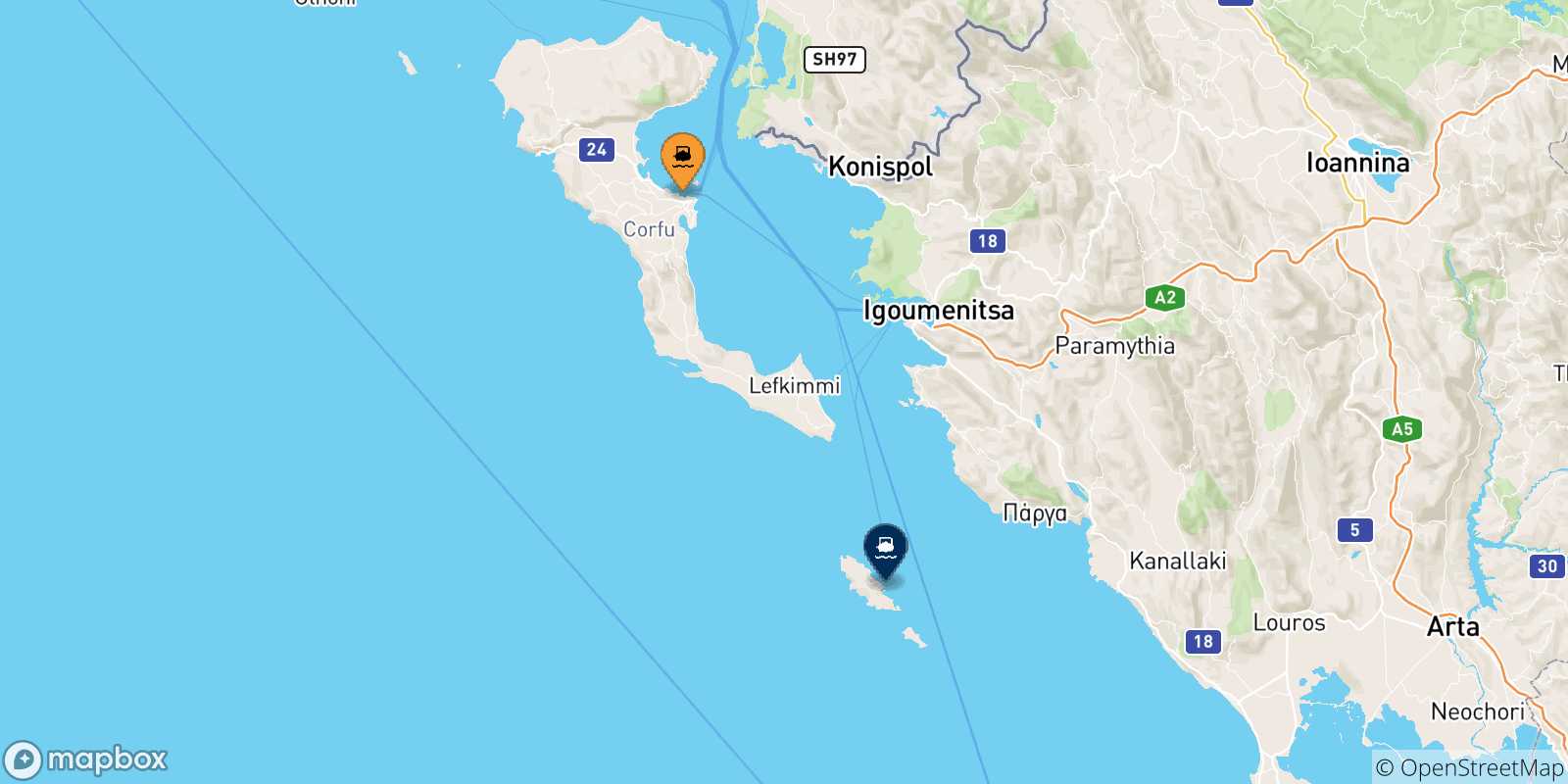Carte des traversées possibles entre la Grèce et Paxos
