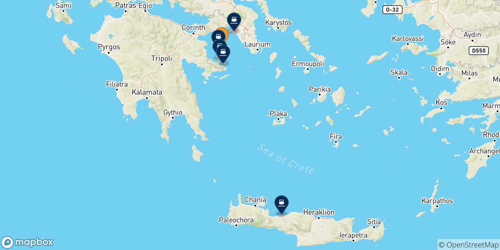 Carte des traversées possibles entre Égine et la Grèce