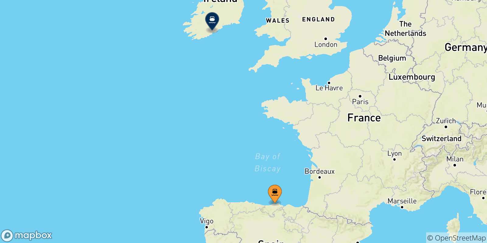 Carte des traversées possibles entre l'Espagne et Irlande