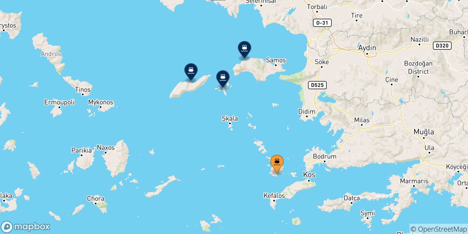 Carte des traversées possibles entre Kalymnos et les Îles Égéennes