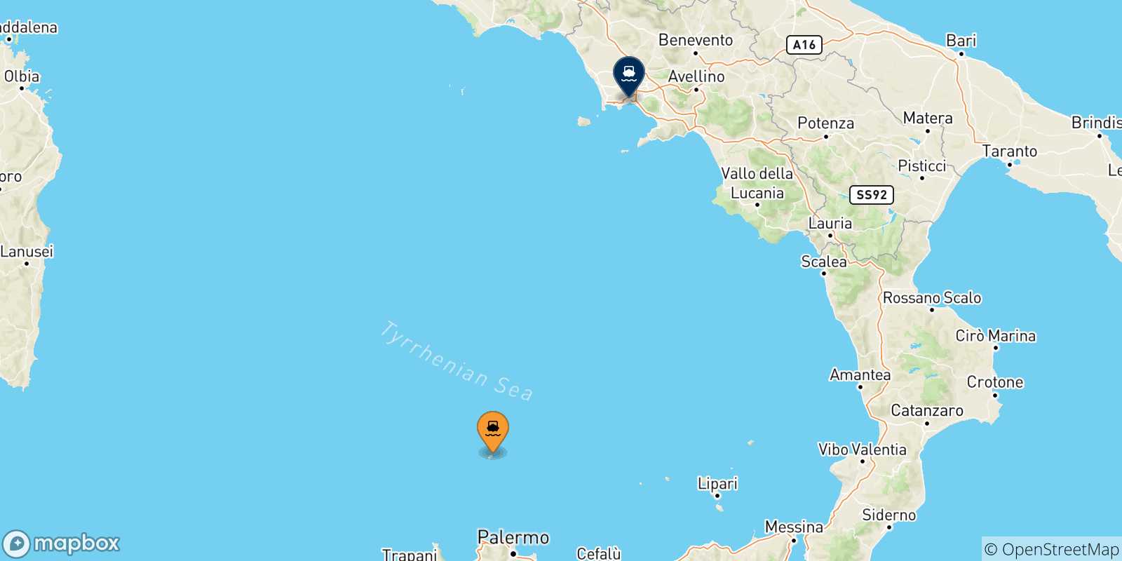 Carte des traversées possibles entre l'Île D'ustica et Naples Beverello