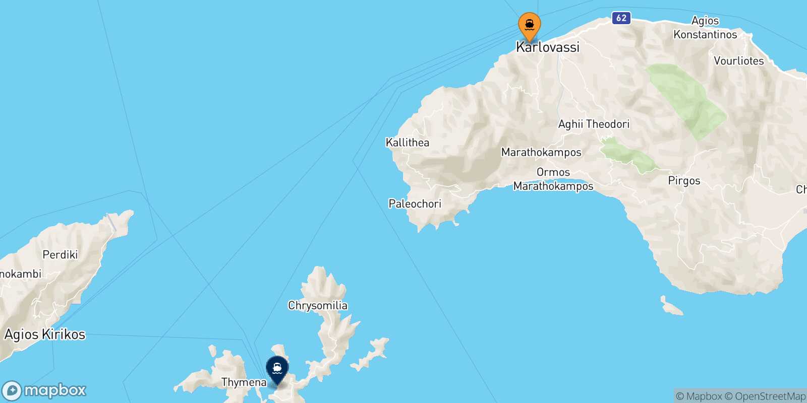 Carte des traverséesKarlovassi (Samos) Fourni