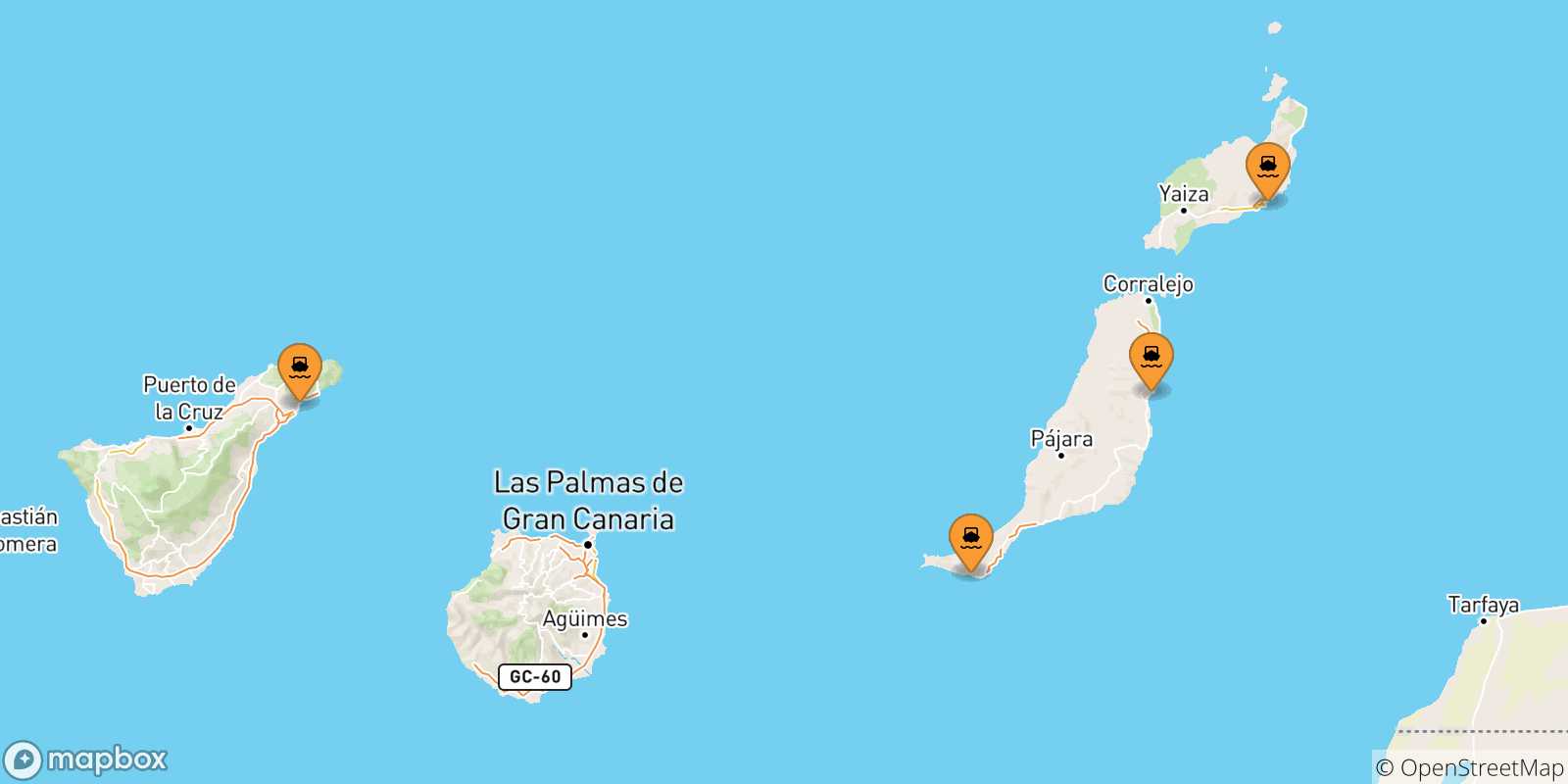 Carte des traversées possibles entre les Îles Canaries et Las Palmas De Gran Canaria