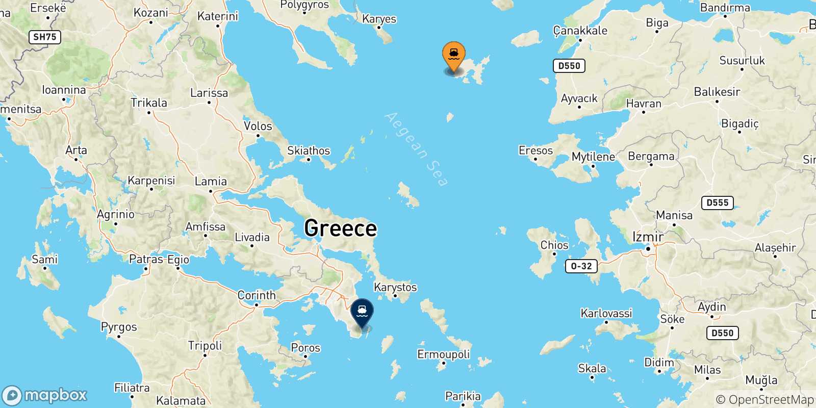 Carte des traversées possibles entre les Îles Égéennes et Lavrio