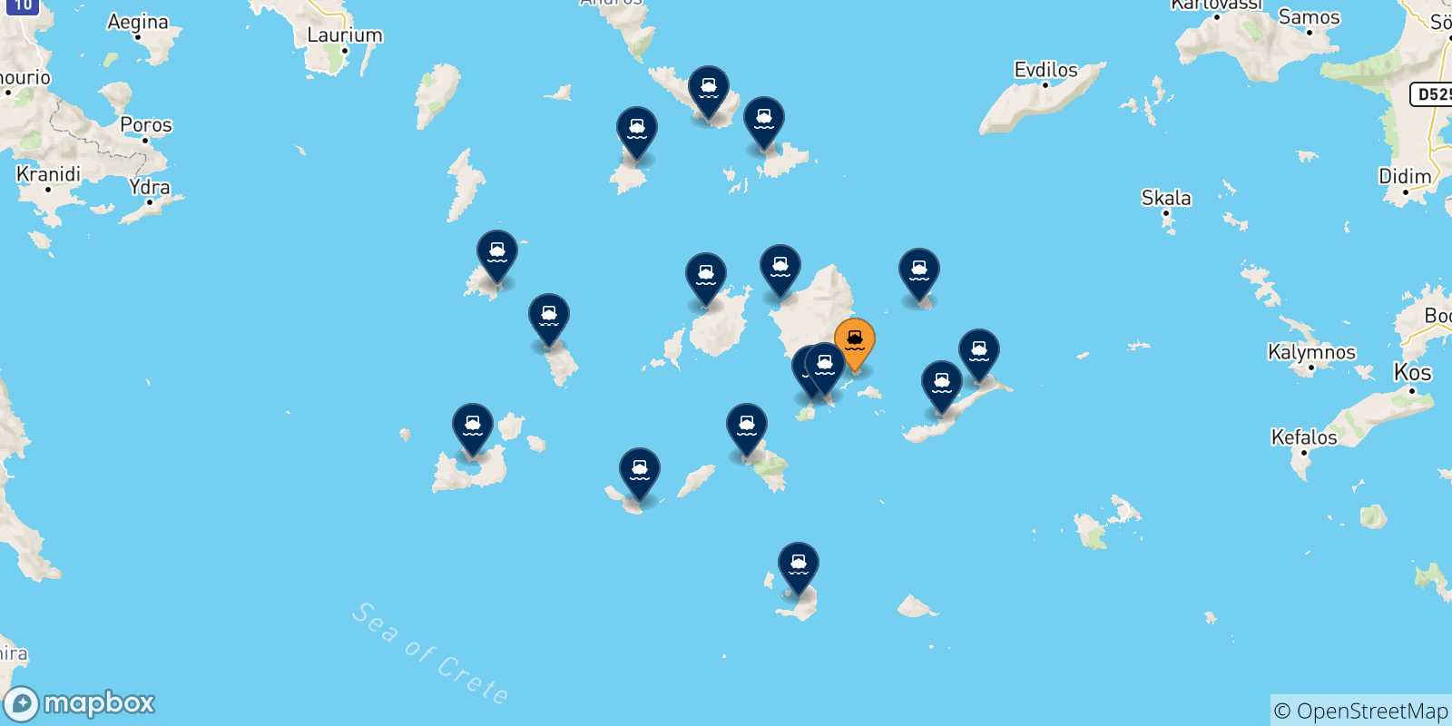 Carte des traversées possibles entre Koufonissi et Îles Des Cyclades
