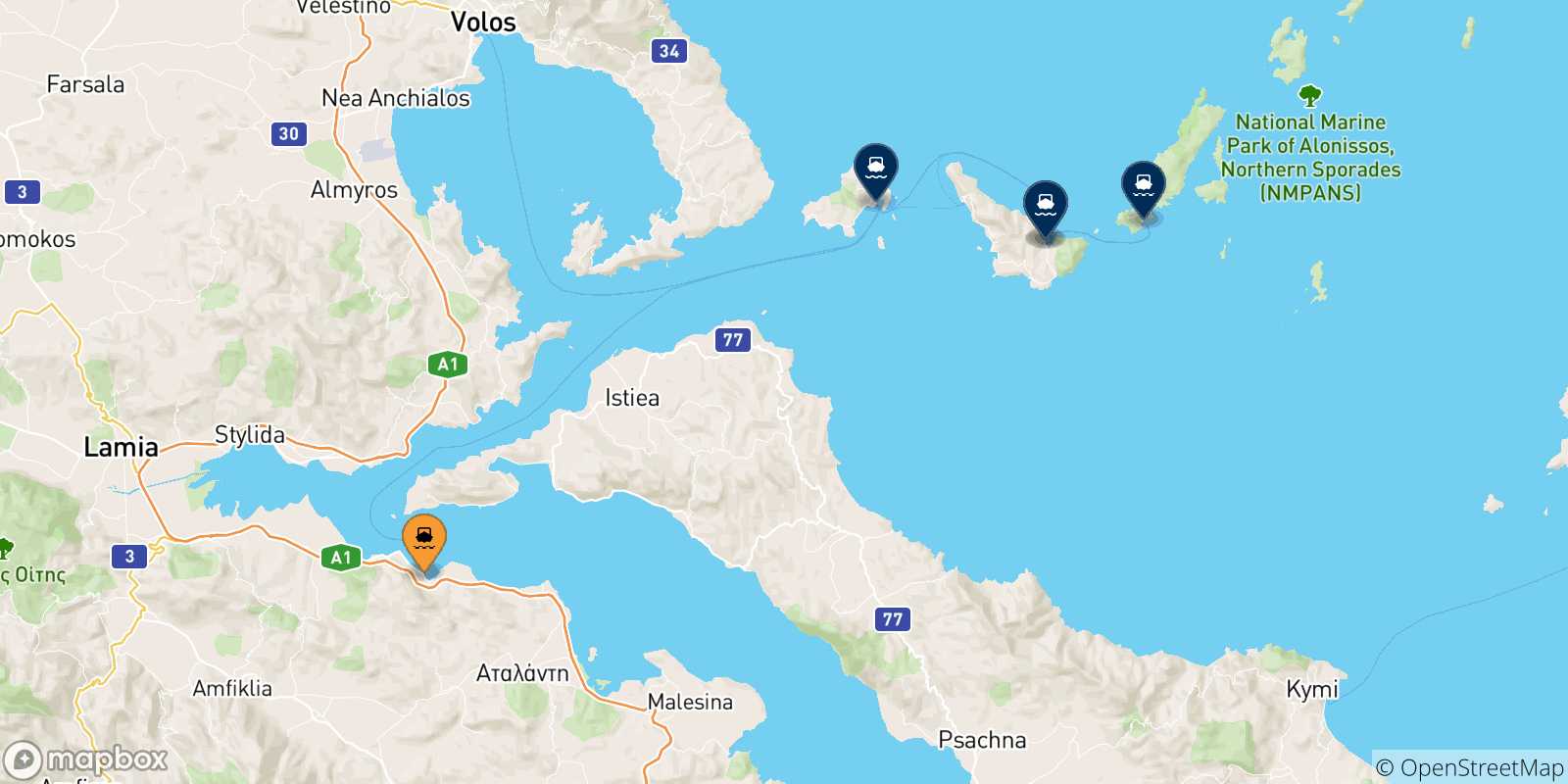Carte des traversées possibles entre Agios Konstantinos et les Îles Sporades