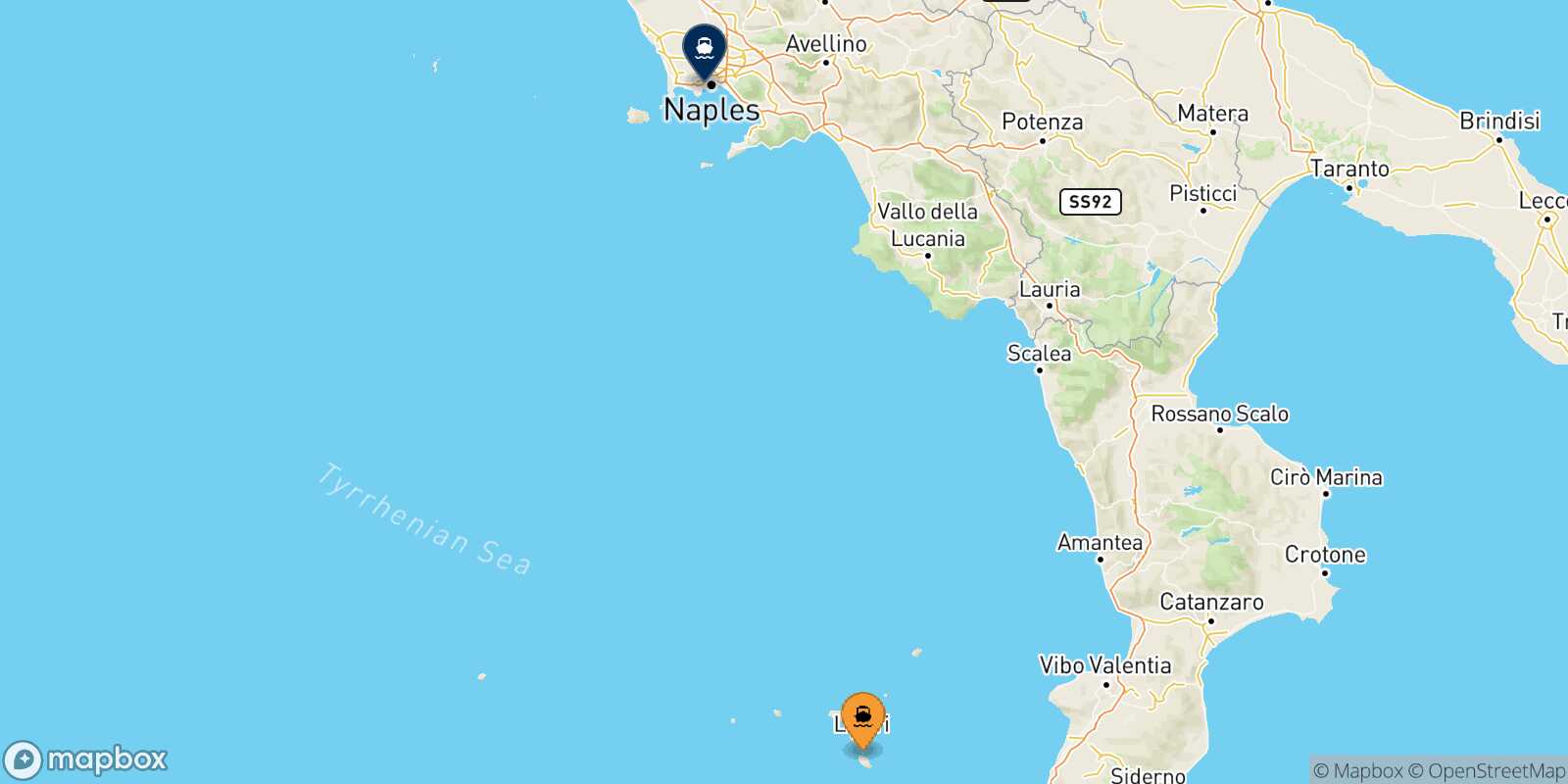 Carte des traverséesVulcano Naples Mergellina
