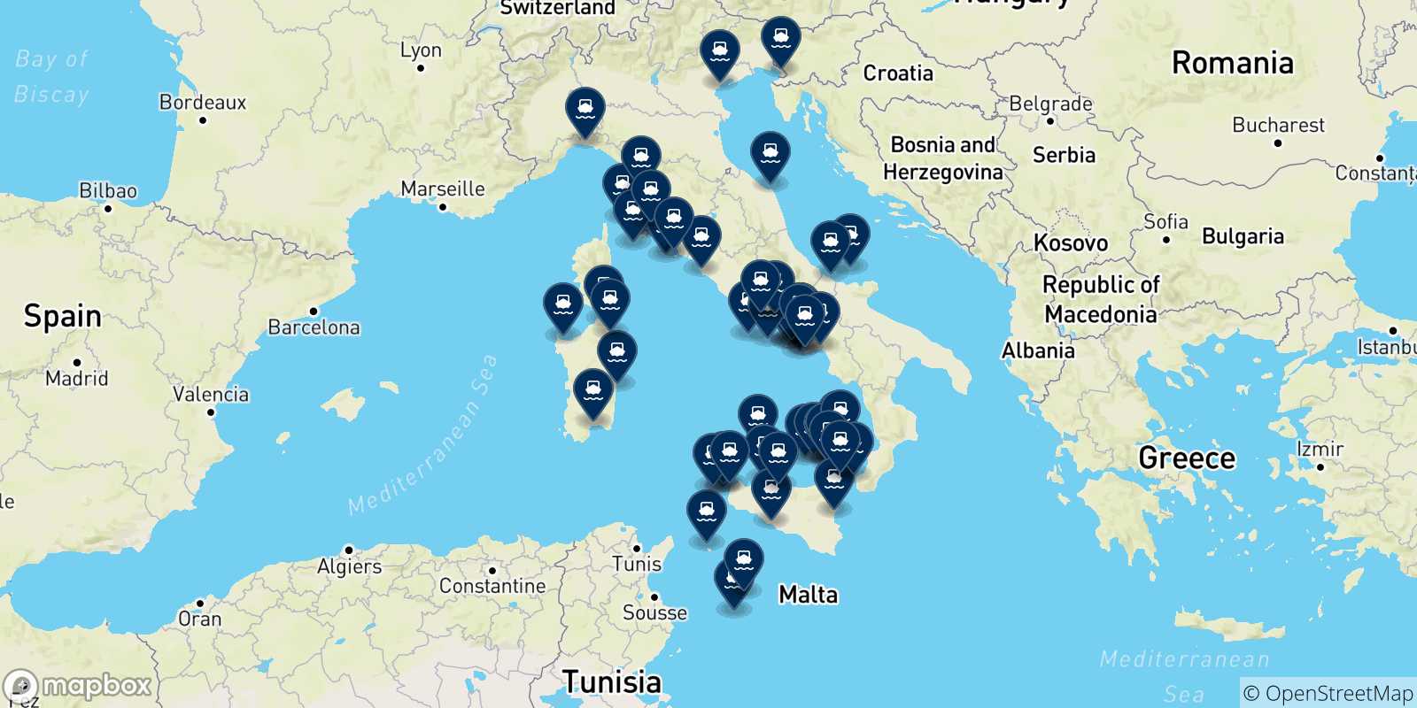 Carte des traversées possibles entre l'Italie et l'Italie