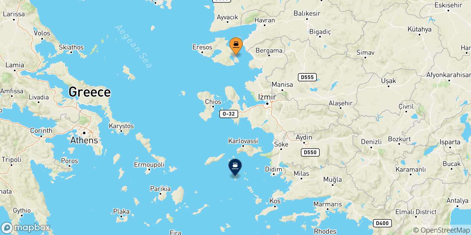 Carte des traversées possibles entre Mytilene (Lesvos) et Îles Du Dodécanèse