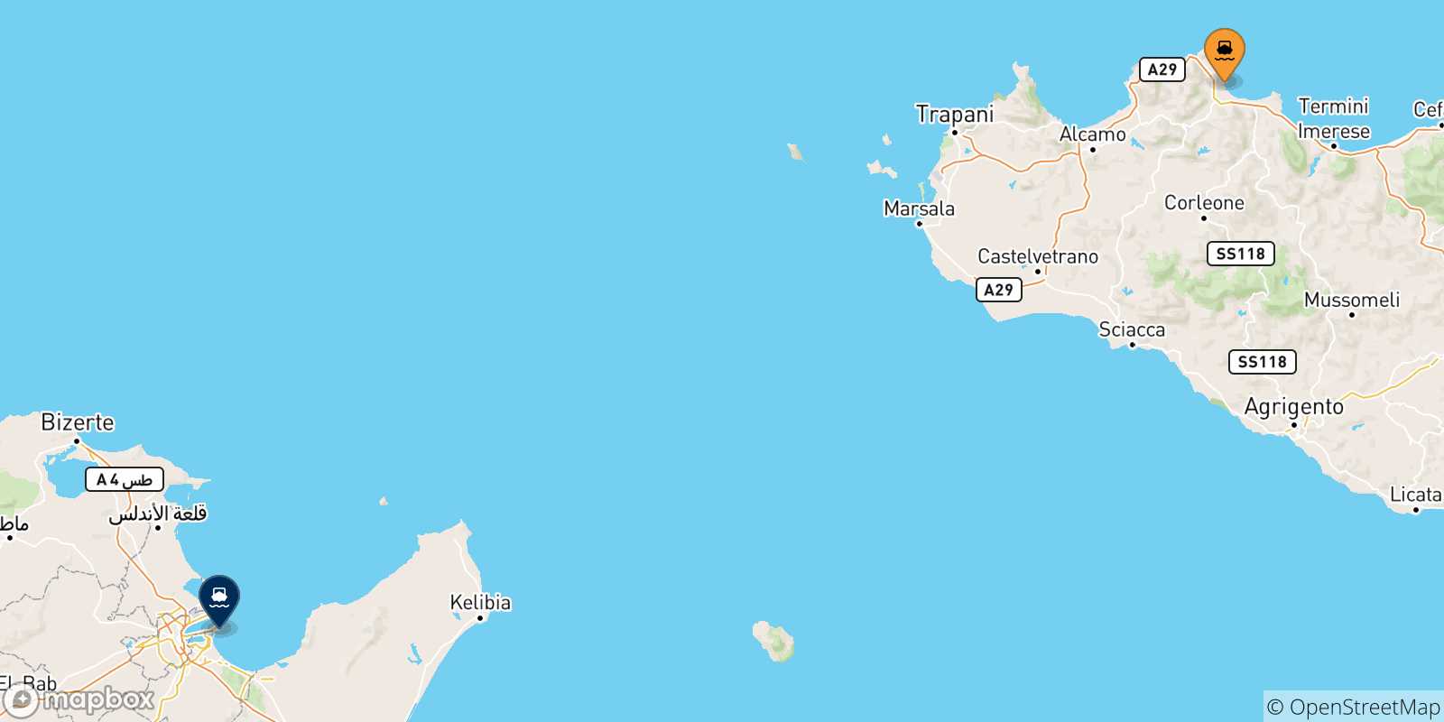 Carte des traversées possibles entre Palerme et la Tunisie