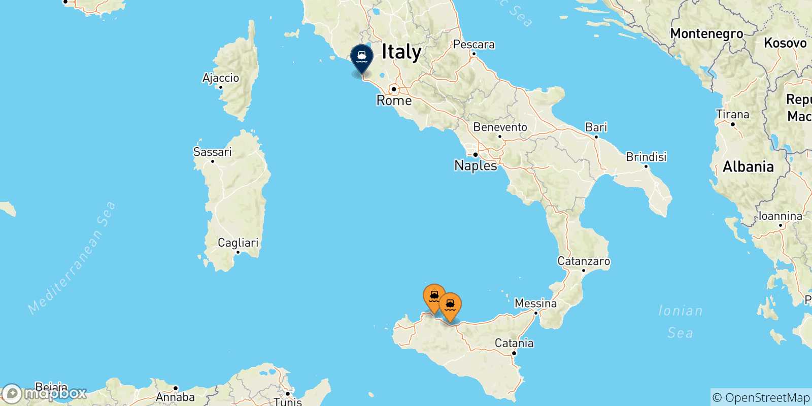 Carte des traversées possibles entre la Sicile et Civitavecchia