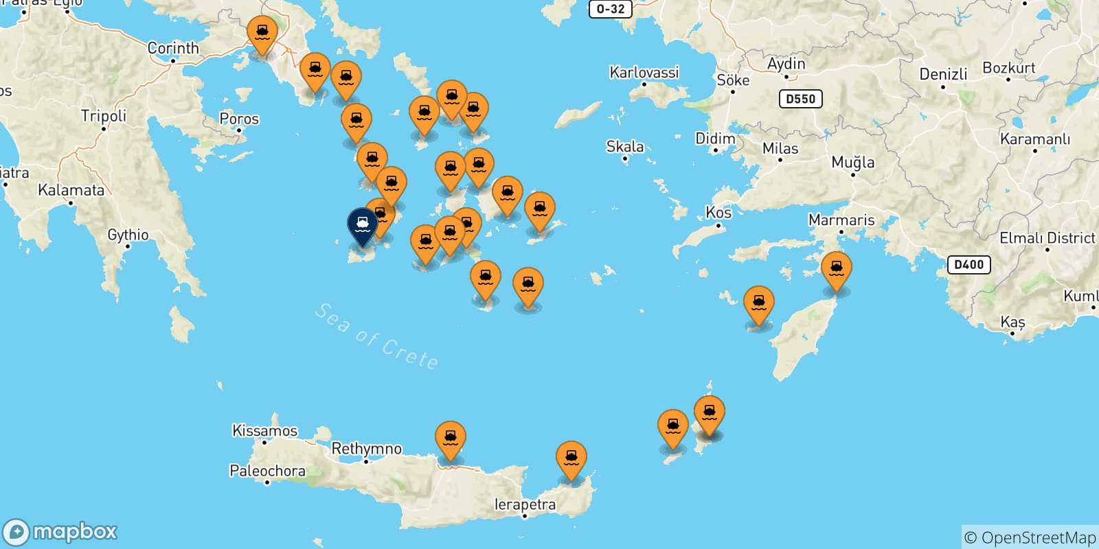 Carte des traversées possibles entre la Grèce et Milos