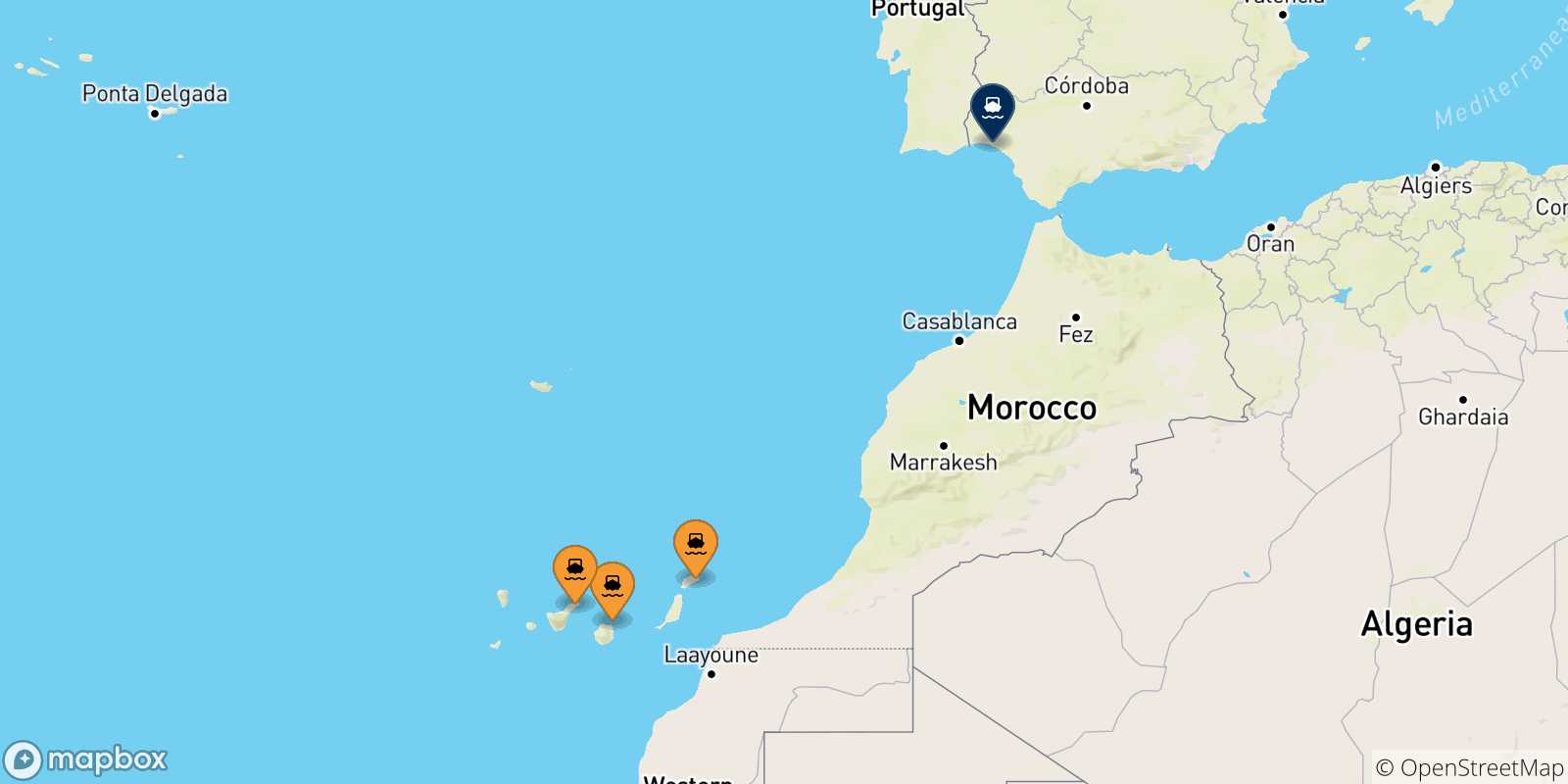 Carte des traversées possibles entre l'Espagne et Huelva