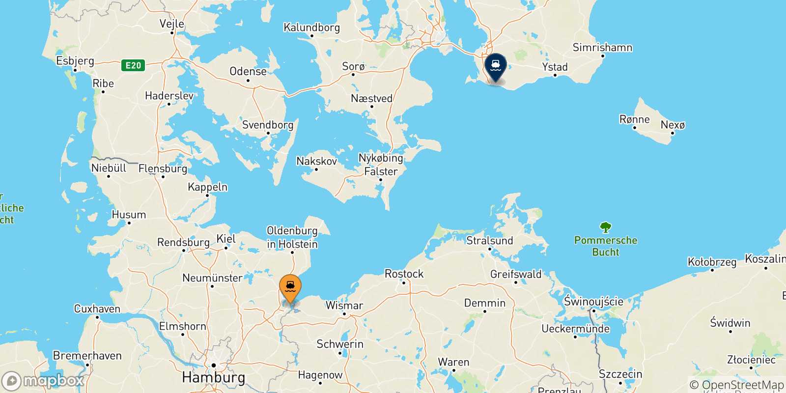Carte des traversées possibles entre Travemünde et la Suède