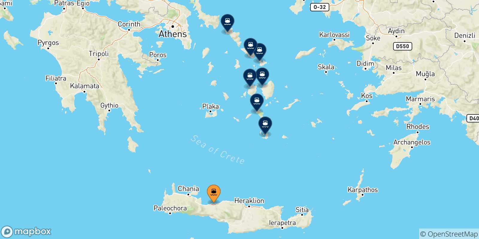 Carte des traversées possibles entre Rethymnon et Îles Des Cyclades
