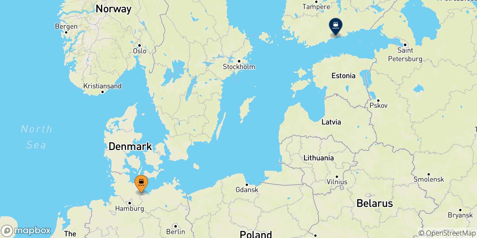 Carte des traversées possibles entre l'Allemagne et la Finlande