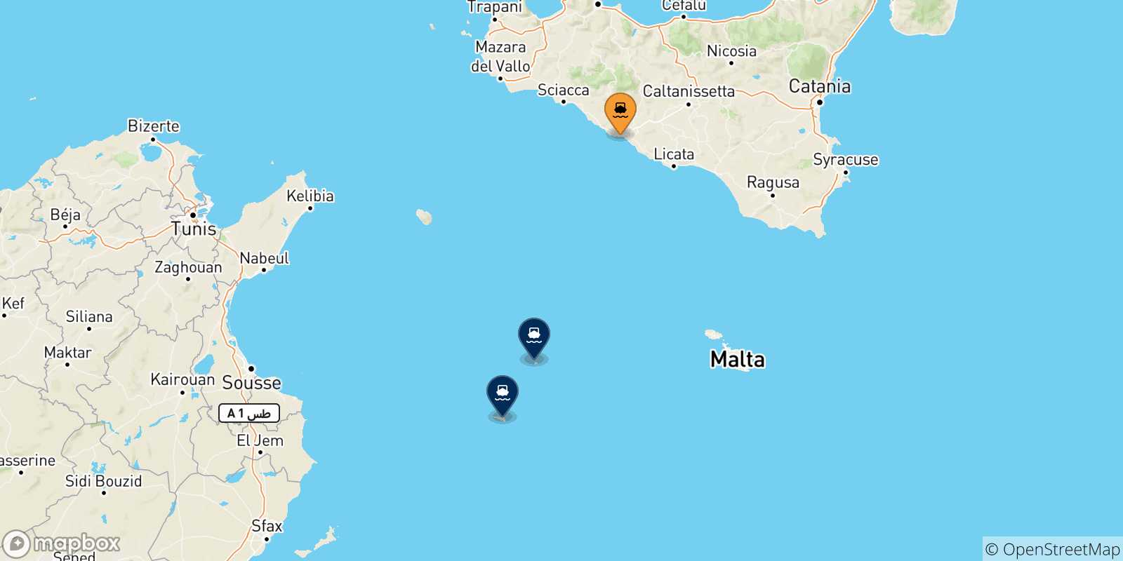 Carte des traversées possibles entre Porto Empedocle et Îles Pélages