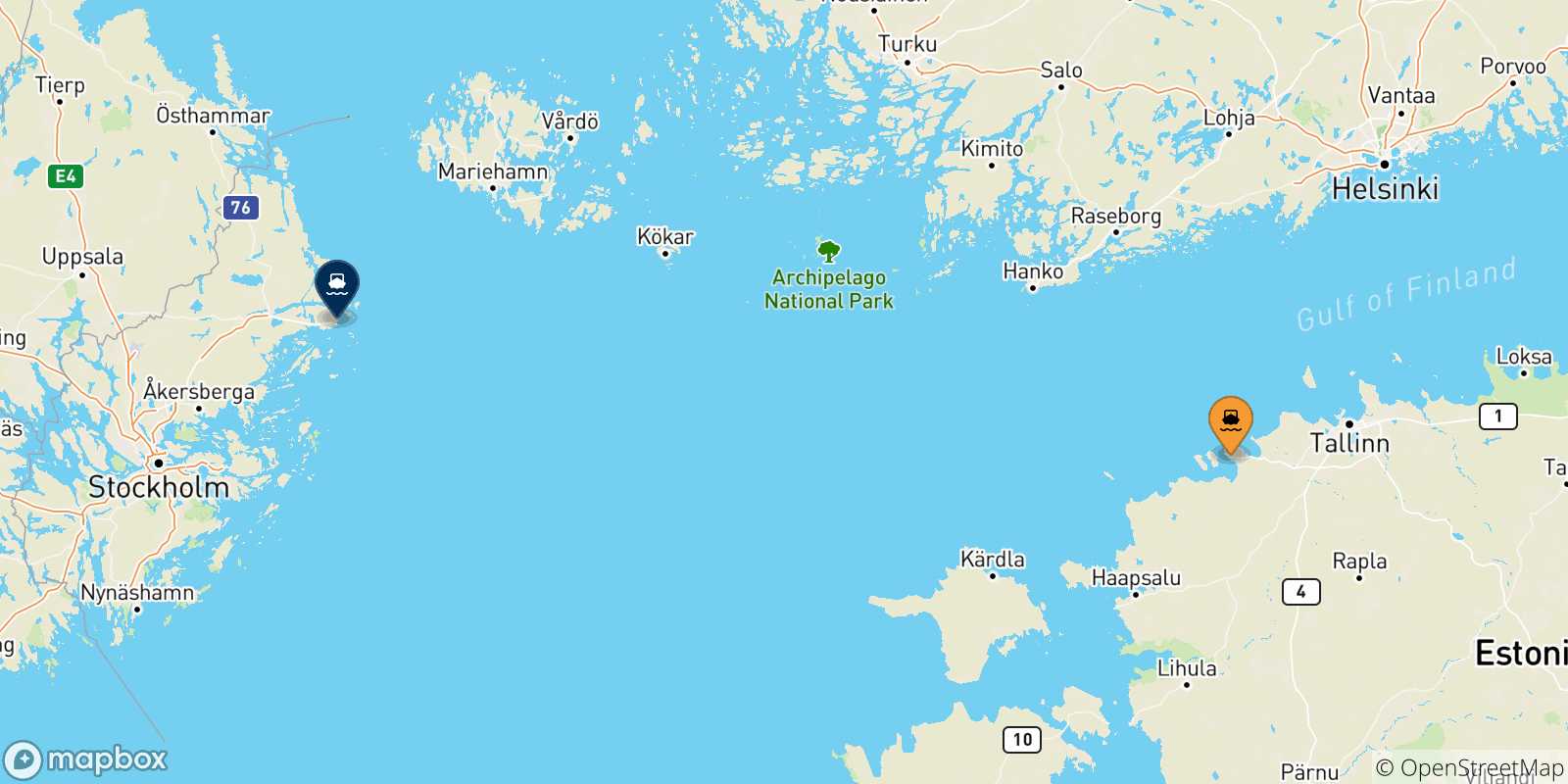 Carte des traversées possibles entre Paldiski et la Suède