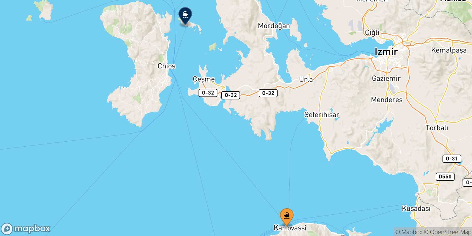 Carte des traverséesKarlovassi (Samos) Inousses