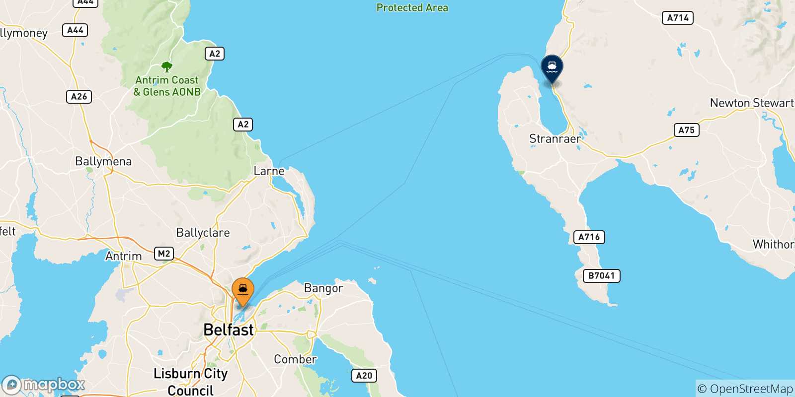 Carte des traversées possibles entre Belfast et Écosse