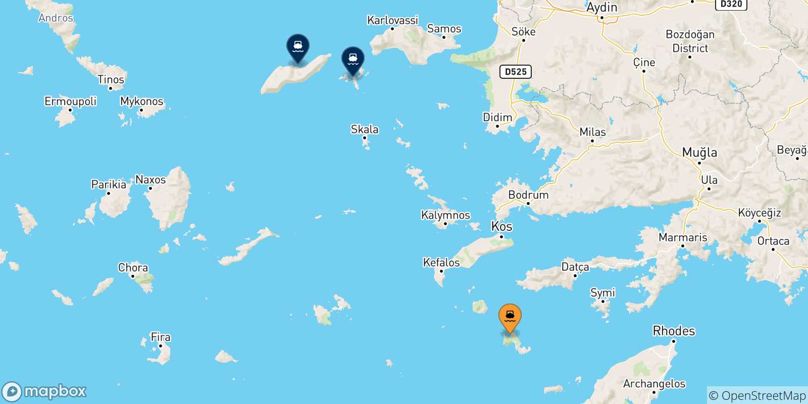 Carte des traversées possibles entre Tilos et les Îles Égéennes
