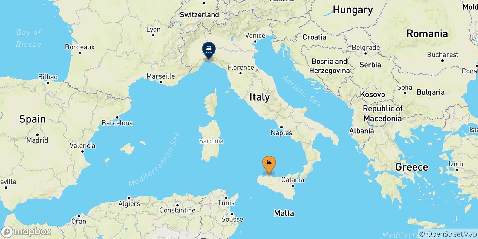 Carte des traversées possibles entre la Sicile et Genes