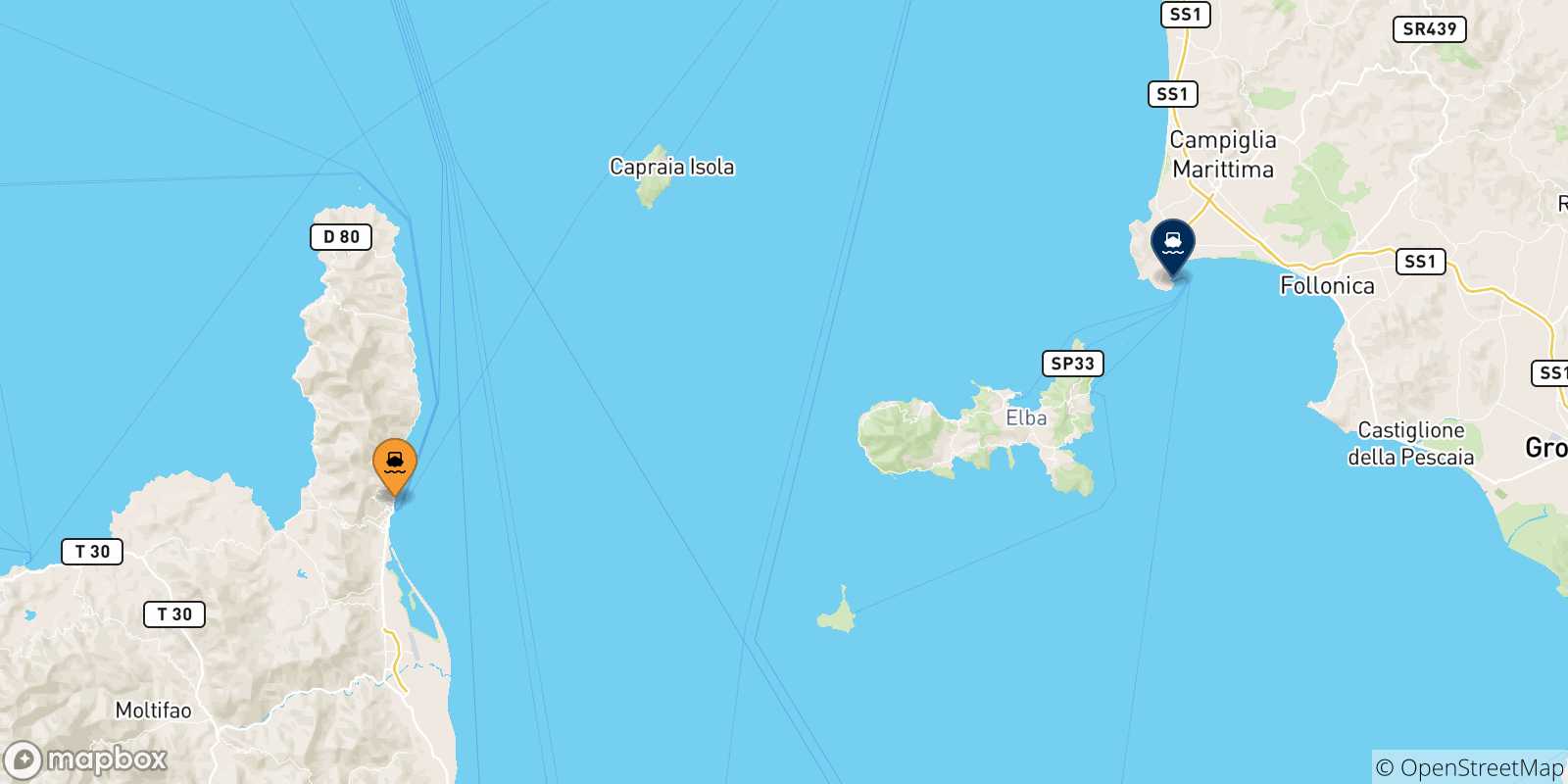 Carte des traversées possibles entre la Corse et Piombino