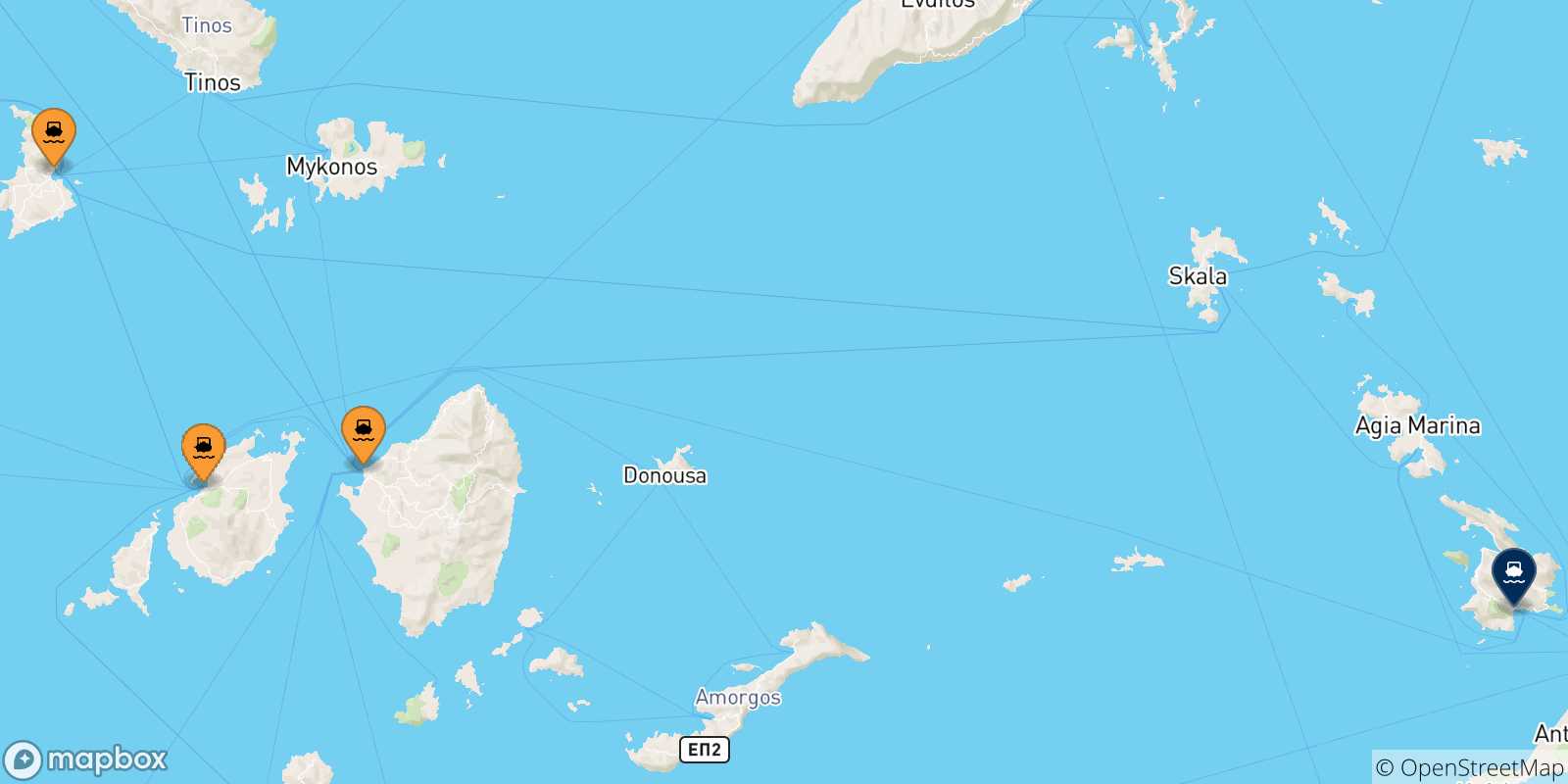 Carte des traversées possibles entre Îles Des Cyclades et Kalymnos