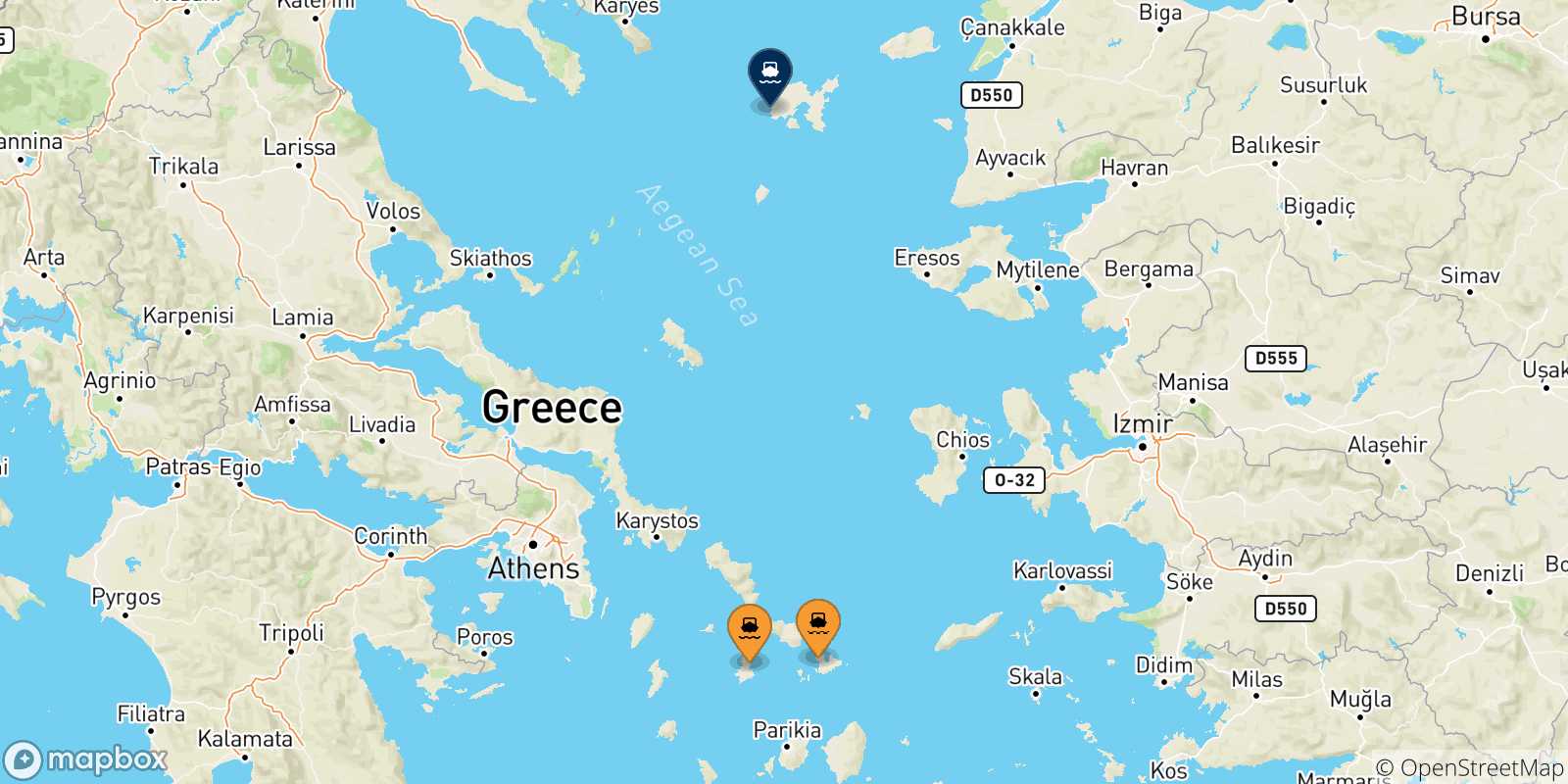 Carte des traversées possibles entre Îles Des Cyclades et Myrina (Limnos)