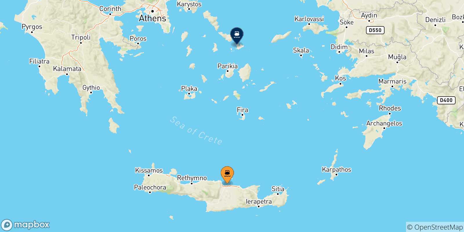 Carte des traversées possibles entre la Crète et Mykonos