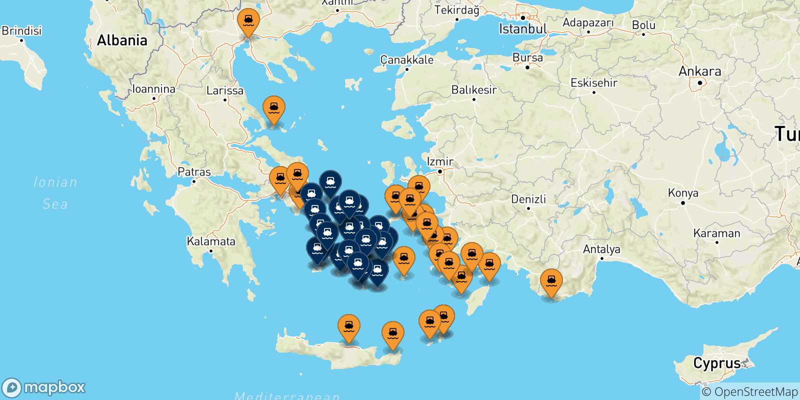 Carte des traversées possibles entre la Grèce et Îles Des Cyclades