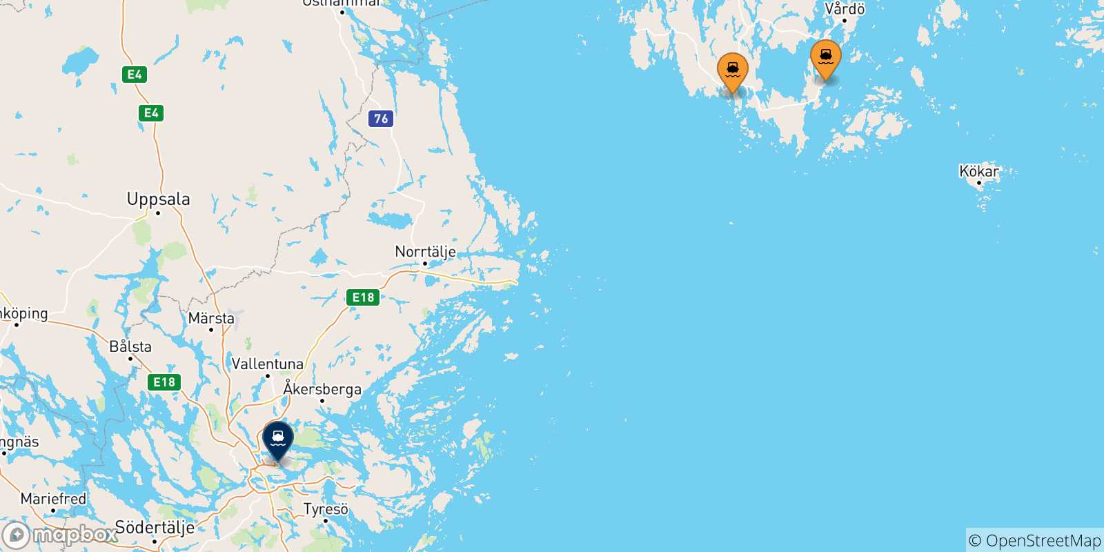Carte des traversées possibles entre les Îles Aland et Stockholm