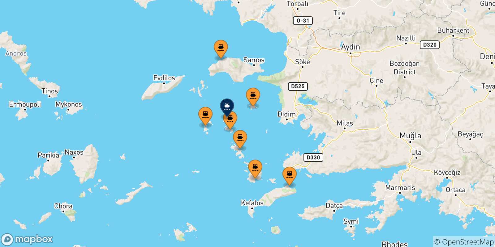 Carte des traversées possibles entre la Grèce et Arkyi