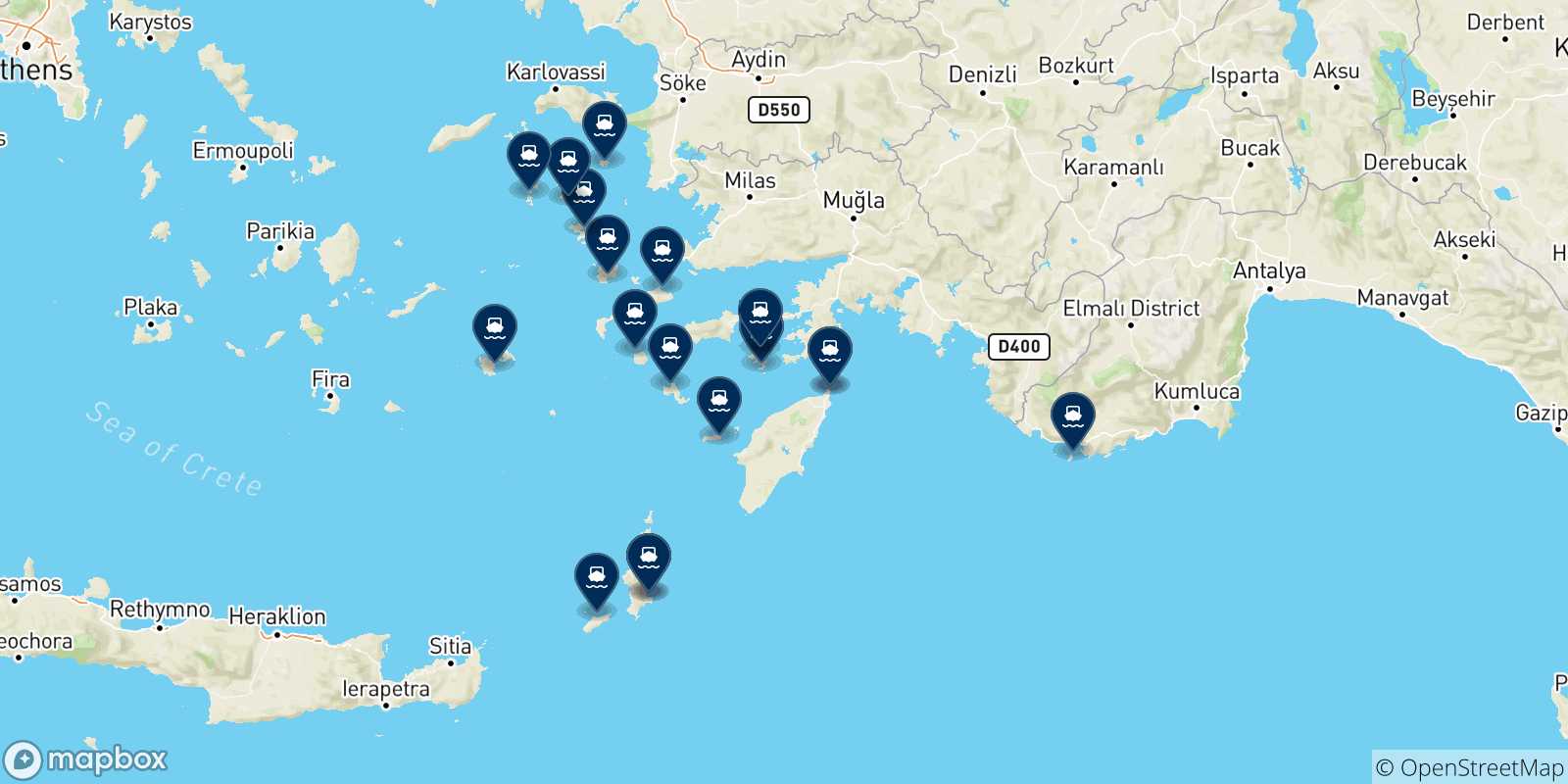 Carte des traversées possibles entre Rhodes et Îles Du Dodécanèse