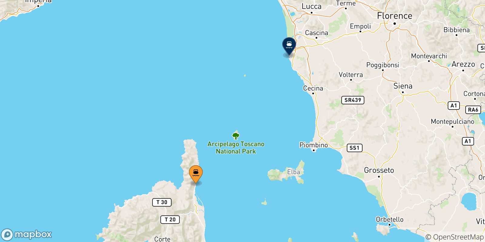 Carte des traversées possibles entre la Corse et Livourne