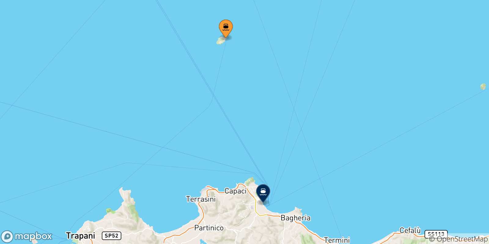 Carte des traversées possibles entre l'Île D'ustica et Palerme
