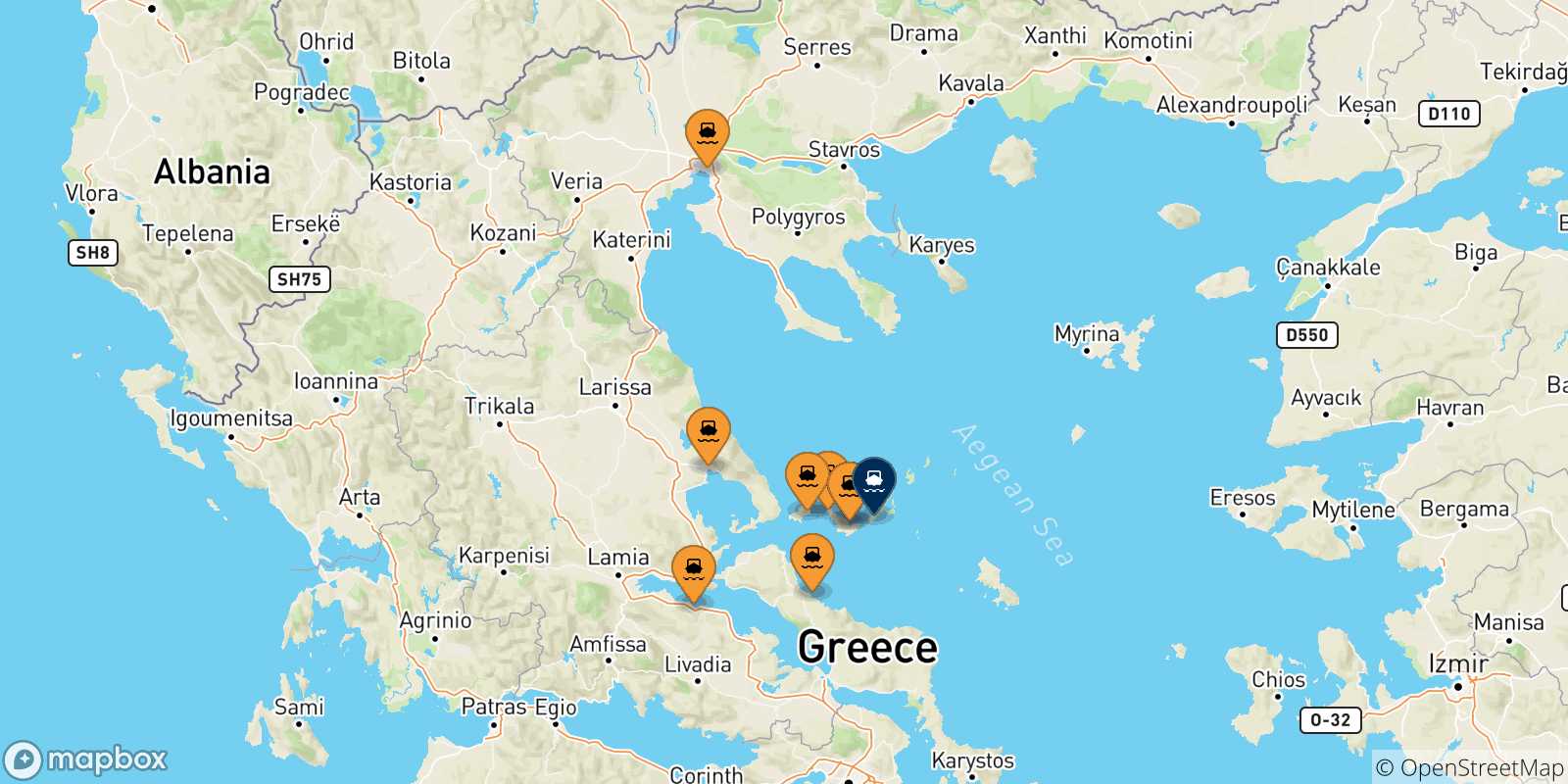 Carte des traversées possibles entre la Grèce et Alonissos